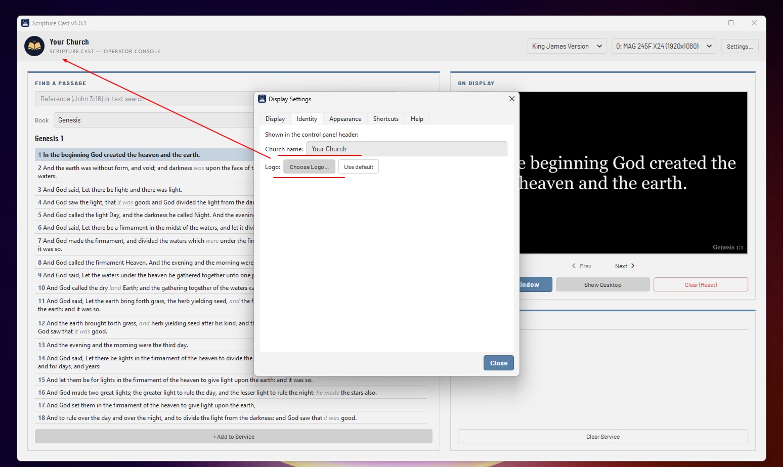 Display Settings dialog on the Identity tab, with fields for church name and logo that appear in the control panel header