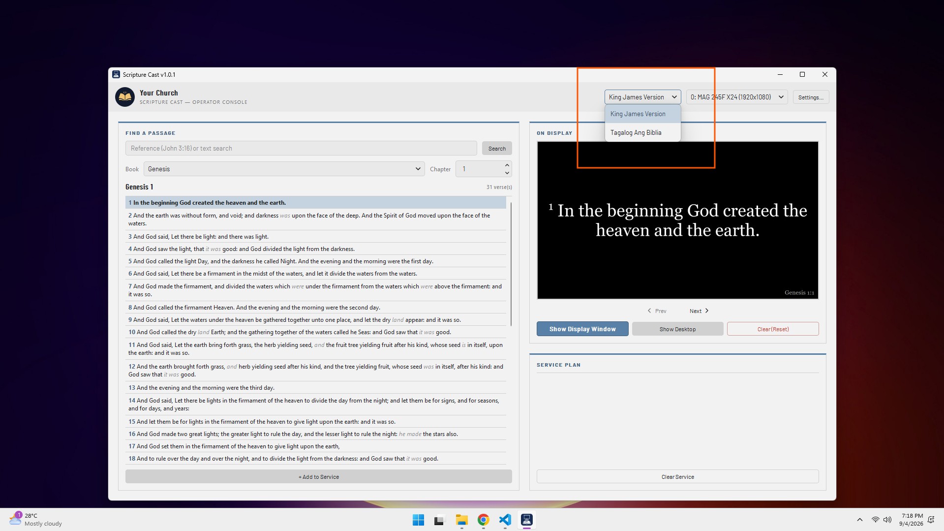 Bible version dropdown open, showing King James Version and Tagalog Ang Biblia options