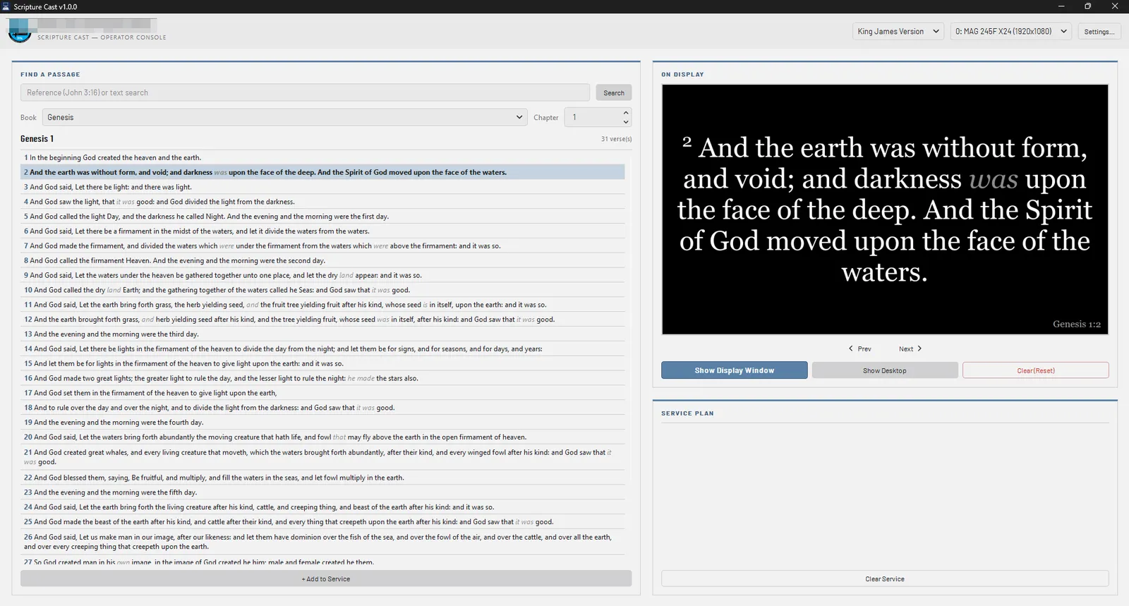 Scripture Cast operator console showing Bible verse search and live projector display