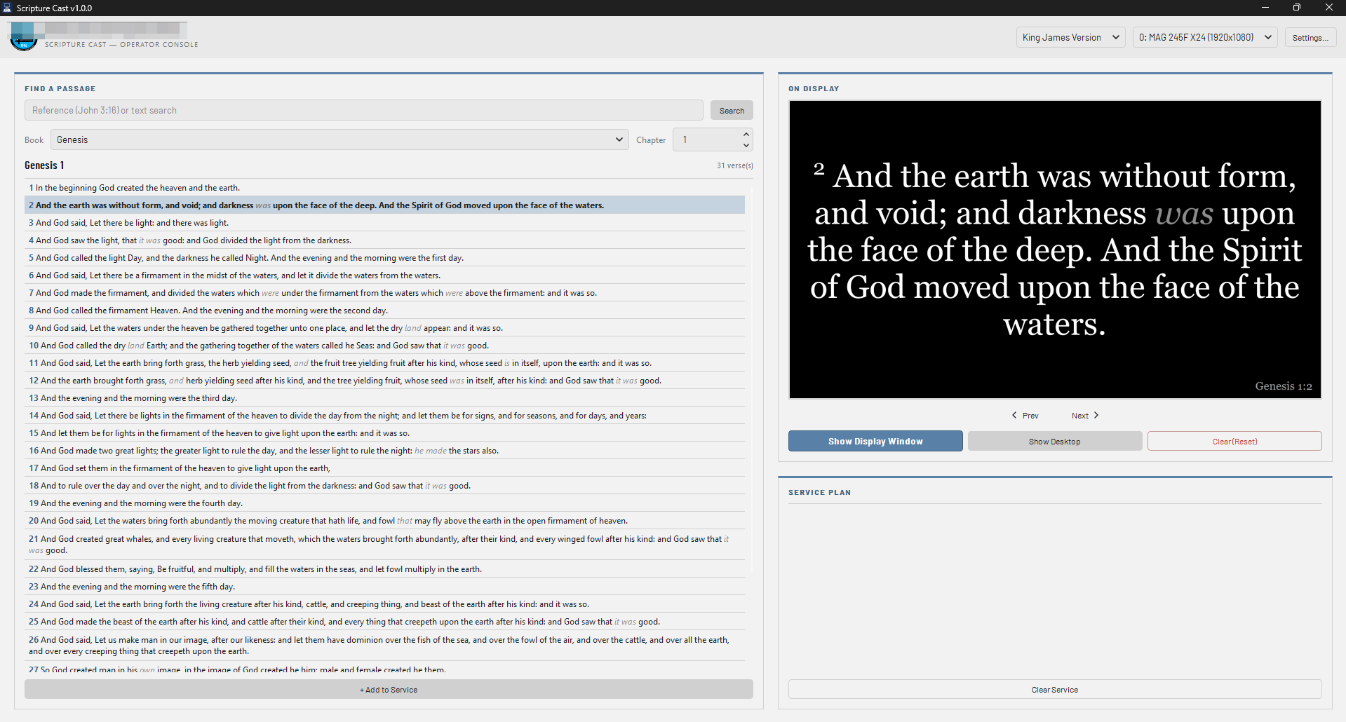 Scripture Cast operator console showing Bible verse search and live projector display