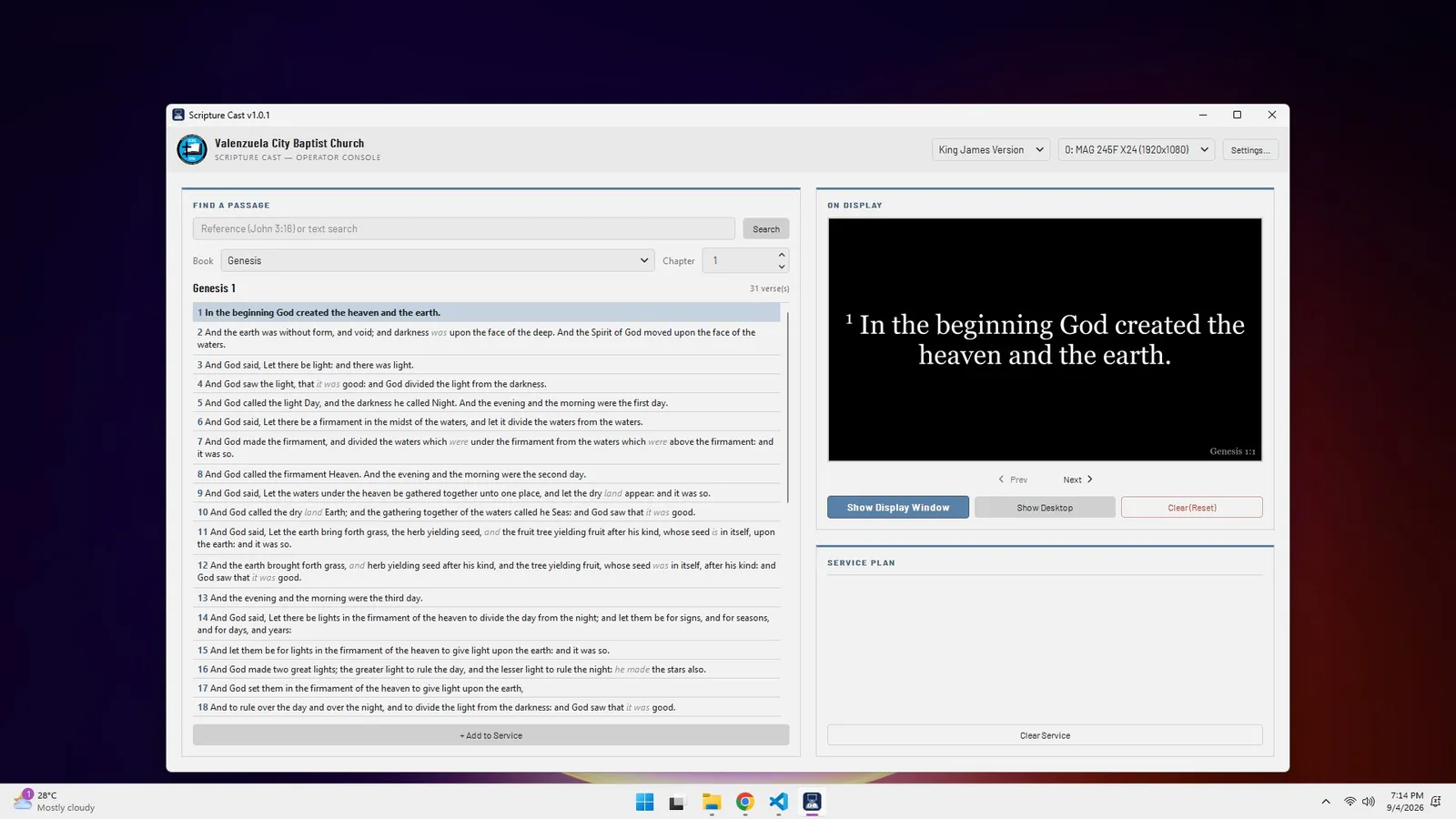 Scripture Cast operator console with Genesis 1 loaded and verse 1 sent to the display window on the right