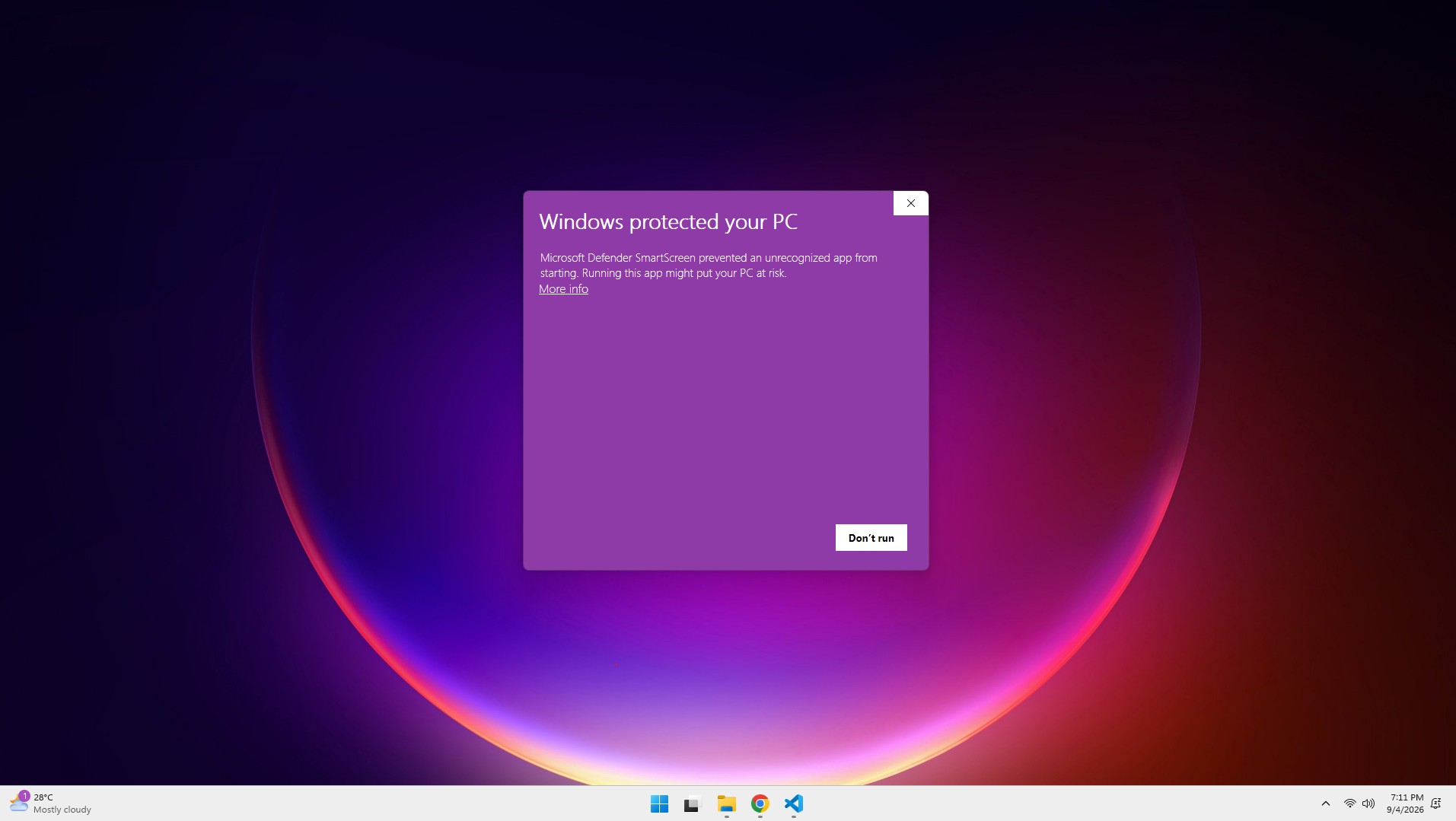 Windows SmartScreen dialog reading 'Windows protected your PC' with a More info link