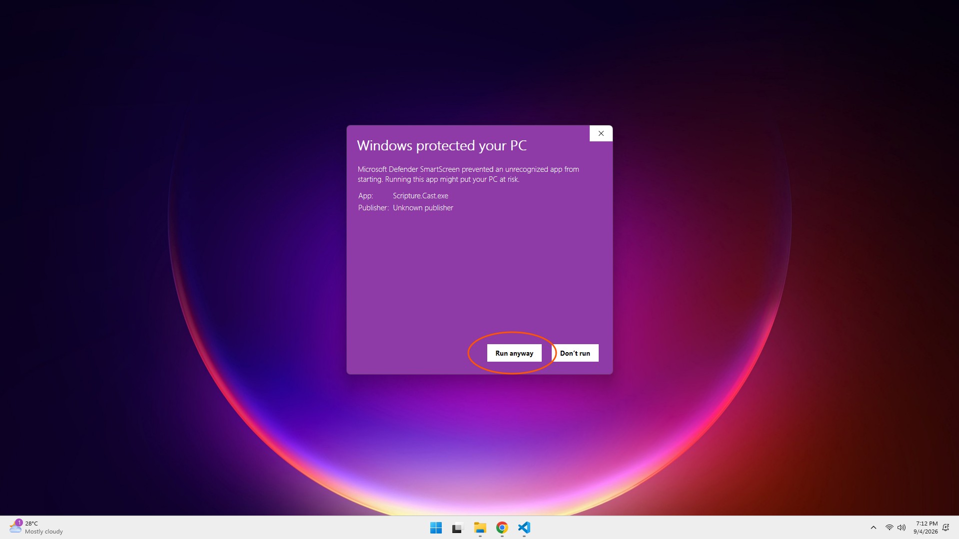 Windows SmartScreen dialog after clicking More info, showing the app name, Unknown publisher, and a Run anyway button